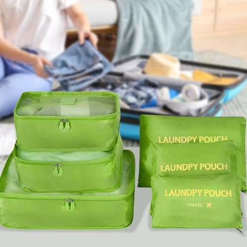 6 Set Travel Packing Cubes Lightweight Nylon Suitcase Luggage Organizer Bags Machine Washable Travel Clothes Packing Bag (Green) - color: Green 6 Set