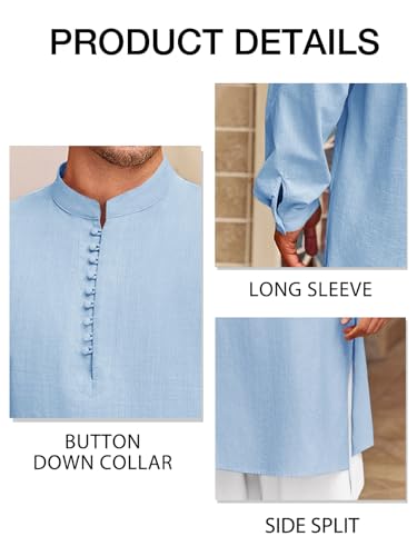 Runcati Mens Kaftan Thobe Button Down Henley Shirts Robe Long Sleeve Casual Cotton Linen Muslim Gown Shirt - color: Blue, size: XX-Large