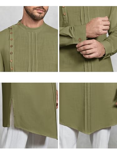 Gafeng Mens Kaftan Thobe Long Sleeve Robe Gown Casual Cotton Linen Button Muslim Shirt - color: Army Green, size: Large