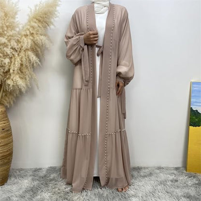 Abayas For Women Muslim Ramadan Long Sleeve Open Front Imitation Pearls Tiered Chiffon Dress Cardigan with Belt Dubai Kaftan - color: Apricot, size: Medium