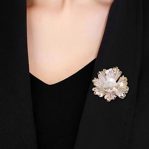 Crystal Pearl Flower Brooches Pins Fashion Beautiful Created Rhinestone Floral Brooch Good Idea for Party Dance Wedding Banquet for Elegant Women Girl - color: White Enamel Flower