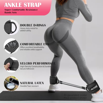 KUTIZE Ankle Resistance Bands with Cuffs & Fabric Resistance Bands Set - Legs & Glutes Workout Equipment for Women & Men, Home Gym Heavy Exercise Bands for Hip, Yoga, Strength Training, Rehab, Pilates - color: Black