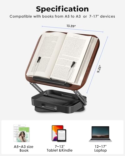 Viozon 360° Rotating Ergonomic Book Stand for Reading - Adjustable Wood Book Holder for Neck Pain Relief, for Heavy Textbooks & Cookbooks, No-Assembly Hands-Free Stand for Students & Home Office