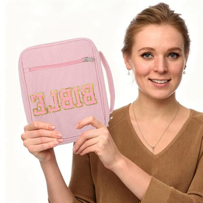 Bible Organizer Carrying Case for Religious Books and Temple Scriptures, Dustproof Corduroy Cover with Zippered Pocket, Pen Slots, and Handle, Stylish Pink Church Bible Storage Bag