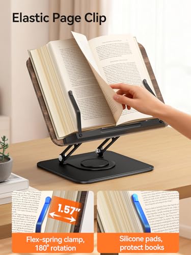 Tounee Book Stand, 360° Rotating Reading Book Holder, Adjustable Cookbook Holder for Reading Hands-Free, Foldable Desktop Recipe Book Stand with Protective Page Clips, Fits All Books - Black