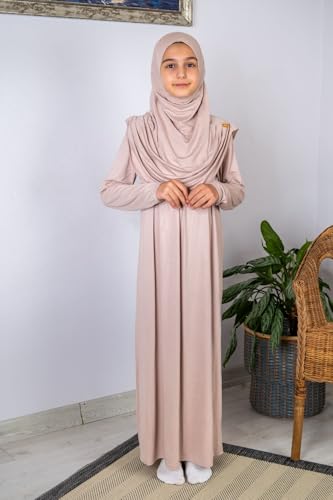 ihvan online Muslim Dress for Girls, Long Sleeve One-Piece Islamic Prayer Dress, Hijab for Kids, Girls Abaya, Islamic Gifts - color: Ecru