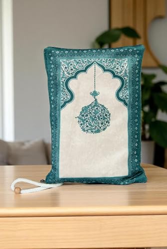 ihvan online Muslim Prayer Rug with Portable Elegant Fabric Bag, Janamaz, Sajadah, Soft Islamic Prayers Rug, Islamic Gifts for Eid Ramadan, Travel Prayer Carpet Mat, Green - color: Green