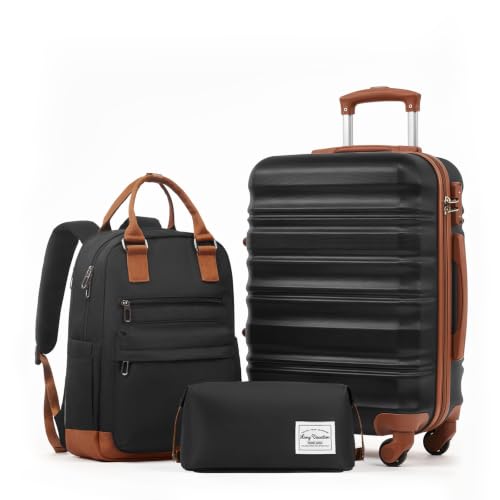 LONG VACATION Luggage Sets, 3 Piece, 20 Inch Carry On Hardshell Suitcase - color: BLACK-BROWN, size: 3-Piece Set (20-Inch BP/TB)