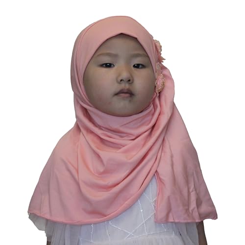Soft Instant Hijab for Kids Girls Muslim Headscarf Islamic Scarf Shawl Wrap with Flowers - color: Orange Pink-2 Flowers
