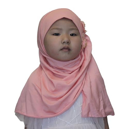 Soft Instant Hijab for Kids Girls Muslim Headscarf Islamic Scarf Shawl Wrap with Flowers - color: Orange Pink-2 Flowers