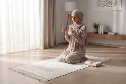 Muslim Prayer Rug and Beads with Elegant Slub Fabric Bag | Janamaz | Sajadah | Soft Islamic Prayer Rug | Islamic & Mawlid Gifts | Prayer Carpet Mat, Taffeta Fabric (Pink, 1 Sets) - color: Pink, size: 1 Sets