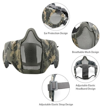 Airsoft Mask with Goggles, Foldable Half Face Airsoft Mesh Mask with Ear Protection for Paintball Shooting Cosplay CS Game - color: 3pcs-ACU+Black, size: 3pcs
