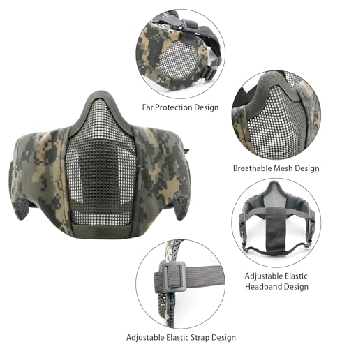 Airsoft Mask with Goggles, Foldable Half Face Airsoft Mesh Mask with Ear Protection for Paintball Shooting Cosplay CS Game - color: 3pcs-ACU+green, size: 3pcs