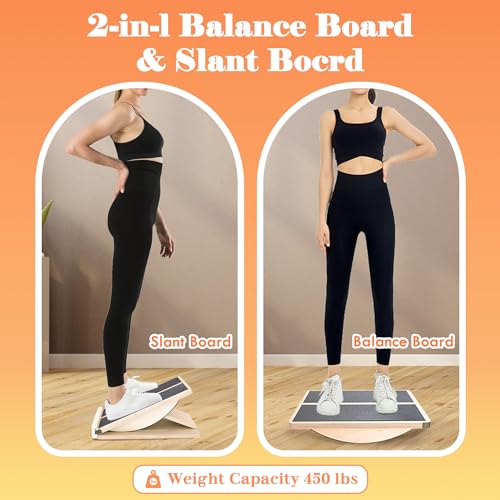 MUCITAGF Professional 2-in-1 Wooden Balance Board & Slant Board, 3 Angle | Adjustable Incline Board and Calf Stretcher, Stretch Board for Knees Ankle Heel Feet Leg, Anti-Slip, 450 lbs Capacity