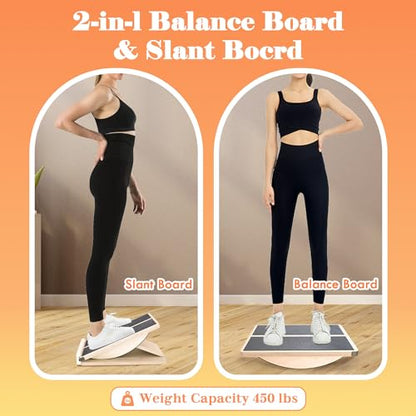 MUCITAGF Professional 2-in-1 Wooden Balance Board & Slant Board, 3 Angle | Adjustable Incline Board and Calf Stretcher, Stretch Board for Knees Ankle Heel Feet Leg, Anti-Slip, 450 lbs Capacity