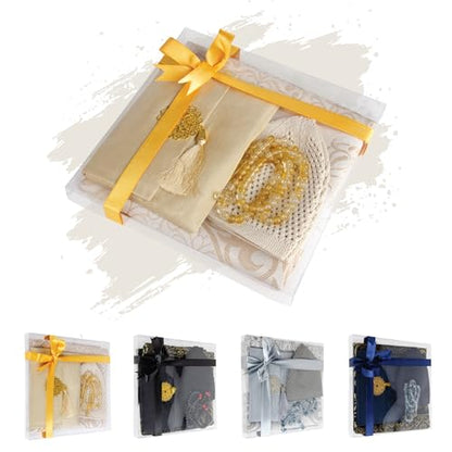 Islamic Prayer Gift Set for Men – Velvet Prayer Mat, Tasbih Beads, Yaseen Book – Muslim Prayer Essentials – Ramadan Eid Gift - color: Beige