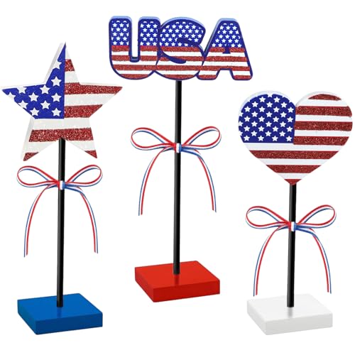 4th of July Tiered Tray Decorations Wooden Star Heart USA 3 Pcs Memorial Day Table Decorations Rustic Patriotic Tabletop Decor Red White and Blue Indoor Decor for Home - color: Star