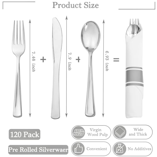 Supernal Pre Rolled Silver Plastic Silverware Set of 30 Wrapped Cutlery,Heavy Duty Disposable Wrapped Cutlery Set for Business Banquets, Weddings, Mother's Day,Graduations & 2026 Events - color: Silver, size: 30 Pack