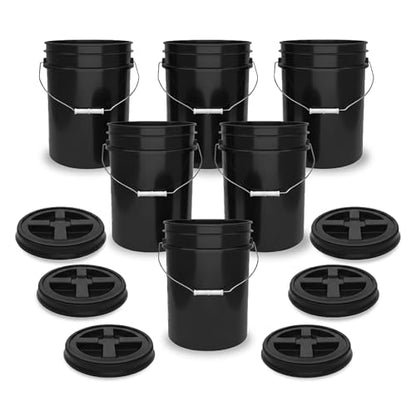 5 Gallon Bucket - Food Grade w/Lid BPA-Free, Black/Black, 6 | Airtight Gamma Seal Screw-On Lid, Heavy-Duty 90 Mil HDPE Plastic, Food Safe and Durable Container, Bulk Storage, Made in USA - color: Black/Black, size: 6 Packs