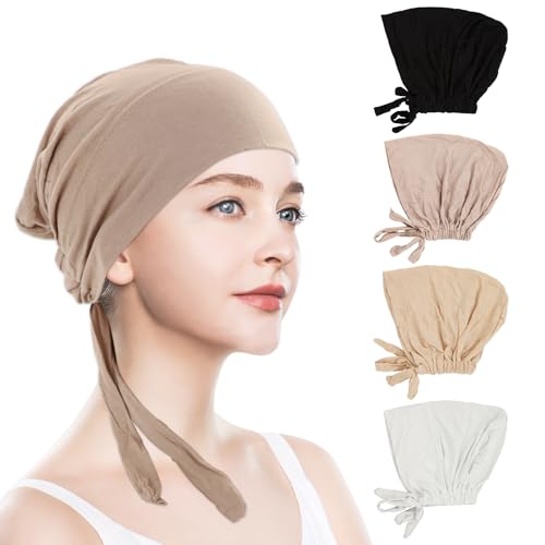 braxan 4 Pcs hijab undercap cap undercaps for no slip caps with Tie Adjustable Islamic women under underscarf (Black + White + Light Beige + Beige)