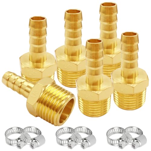 Uenede Brass 3/8" NPT Male to 3/8" Hose Barbed Fittings, 6PCS | Barb Pipe Fittings with Clamps Air Line Repair Connectors for Water Oil Gas - size: 3/8"Barb, style: 3/8"NPT Male