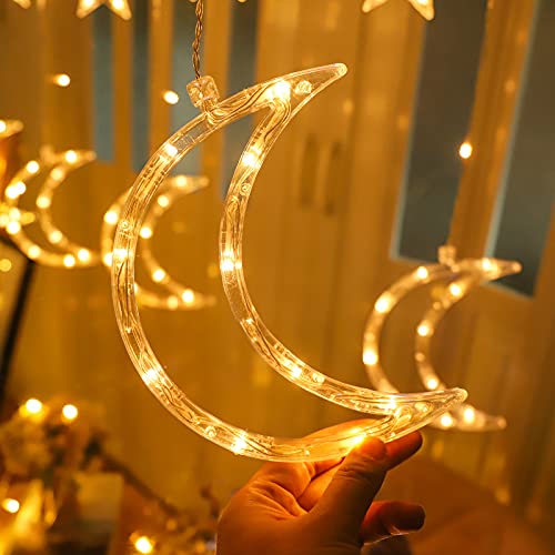 LED Ramadan Star Moon Light,Curtain String Light,115 LED Hanging Window Lights, USB Powered,8 Lighting Modes,Memory,6 Hours Timer,Decoration for Home Living Room Bedroom Balcony Christmas Wedding