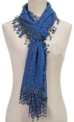 Cindy & Wendy Lightweight Soft Leaf Lace Fringe Scarf Bridal Shawl for Women - color: Denim Blue-2