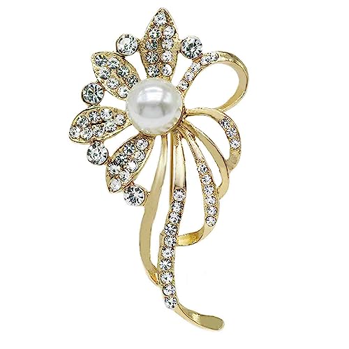 Crystal Pearl Flower Brooches Pins Fashion Beautiful Created Rhinestone Floral Brooch Good Idea for Party Dance Wedding Banquet for Elegant Women Girl - color: Gold 2