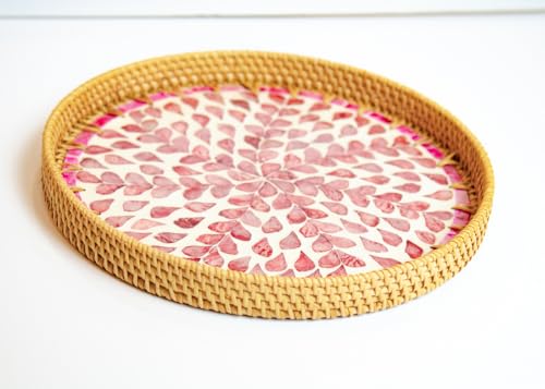 Magenta & Teal Round Rattan Serving Tray with Mother of Pearl Inlay, Wicker Coffee Table Decor, Farmhouse Style (Pink Flower) - color: Pink Flower