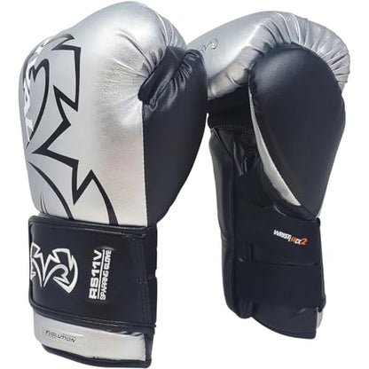 RIVAL Boxing RS11V Evolution Sparring Gloves, Extra-Thick 2” Padding, V-Strap Wrist Lock 2 System, Large Hand Compartment, and 15 Degree Angle Cuff - color: Silver, size: 18 oz.