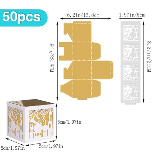 EUBUY 50 Pack Ramadan Treat Boxes, Islam Ramadan Party Candy Boxes, Ramadan Gift Boxes with Ribbons for Muslim Eid Party Supplies, Middle Eastern Festival Favor Boxes - color: golden