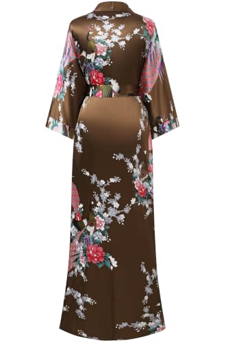 BABEYOND Women's Kimono Robe Long Satin Robes with Peacock and Blossoms Printed Kimono Nightgown - color: Coffee, size: One Size Plus
