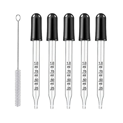 Eye Droppers for Essential Oils, Pipettes Dropper with Black Rubber Head, Calibrated Thick Glass Medicine Dropping Pipettes, 1ml Droppers Measurer, Dropper for Liquids, Straight-Tip, 5 Packs