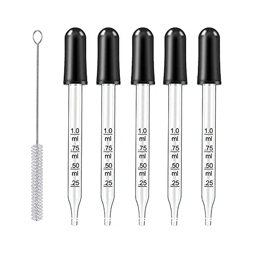 Eye Droppers for Essential Oils, 1ml, Straight-Tip, 5 Packs | Pipettes with Black Rubber Head, Calibrated Thick Glass, Medicine Dropping Pipettes, Dropper for Liquids, 1 Cleaning Brush
