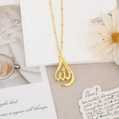 Islamic Ayatul Kursi Necklace for Women Men Allah Teardrop Necklace Stainless Steel Allah Name of God Arabic Quran Calligraphy Script Rotatable Pendant Necklaces Muslim Jewelry Ramadan Gift - color: gold
