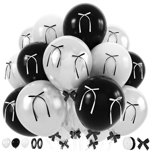 Black and White Bow Balloons 60pcs, Pearl White Black Balloons with Diy Ribbon Bow for Women Girls Coquette Birthday Wedding Bridal Baby Shower Bachelorette Engagement Anniversary Party Decorations - color: Black White
