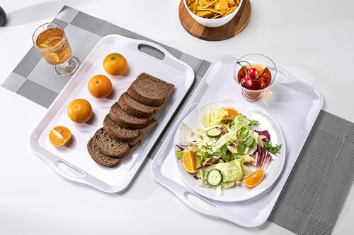 Large Melamine Serving Tray with Handles, 16.75 x 11.5 inch Rectangular Serving Platter, for Eating, Appetizer, Charcuterie, Snack, Fruit, Desserts, set of 2 White