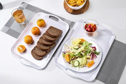 Large Melamine Serving Tray with Handles, 16.75 x 11.5 inch Rectangular Serving Platter, for Eating, Appetizer, Charcuterie, Snack, Fruit, Desserts, set of 2 White