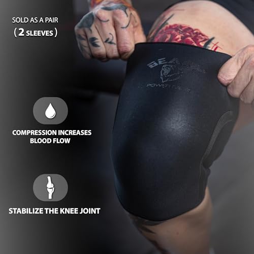 Beast Power Gear Neoprene Compression Knee Sleeves 7MM (Pair) Enhanced Knee Support in Squats Powerlifting Weightlifting and Wrestling – Unisex - color: Black/Black, size: Large