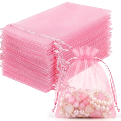 FUNFERY 100Pcs Pink Organza Bags 3x4 in,Small Mesh Drawstring Gift Bag - color: Pink-3"x4"