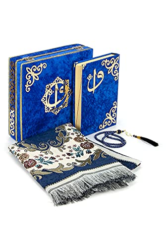 ihvan online Luxury Islamic Prayer Velvet Covered Gift Box, Deluxe 4 Piece Set with Elegant Velvet Covered Quran & Prayer Beads Tesbih & Prayer Rug, Ramadan & Eid Gift, Navy Blue - color: Navy Blue