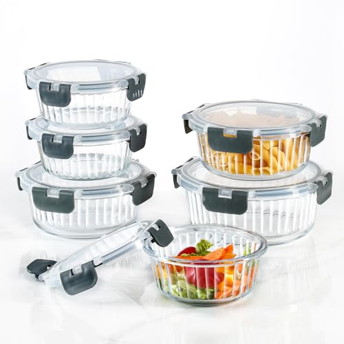 Glass Fluted Ombre grey Leak-Proof 6-Piece Set Food Storage Containers, Food Containers with Lids, Meal Prep Containers. (Round) - size: Round
