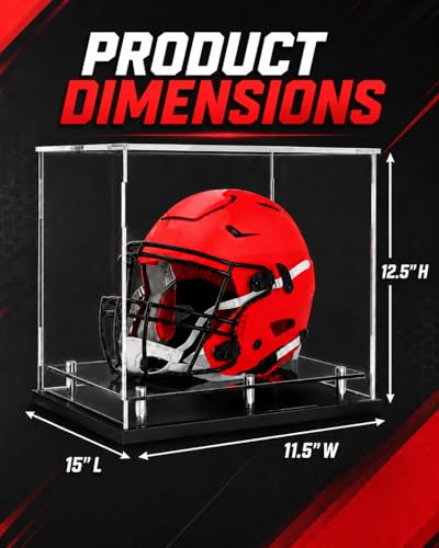 Football Helmet Display Case Full Size, Clear Acrylic Case with Black Base | Full size helmet display case for football, baseball or motorcycle helmets, clear acrylic, black base, self-assembly design. - size: Football Helmet Display Case