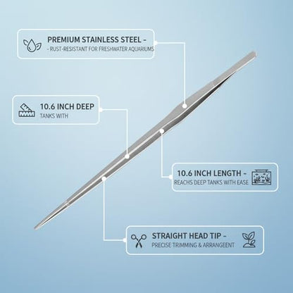 Stainless Steel Aquarium Tweezers for Aquascaping - 10.6 Inch Straight Head Tool for Precise Plant Placement and Substrate Arrangement in Freshwater Tanks