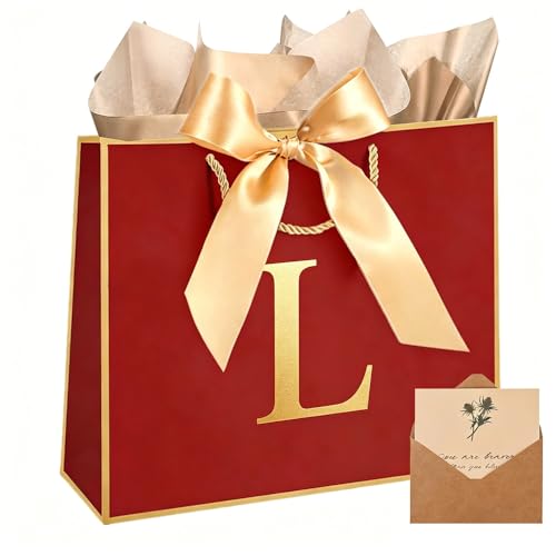 Topaliving Personalized Gift Bag with Card and Tissue Paper, 26 Letters Birthday Gift Bag 13'' Custom Valentines Weddings Present with Initials/Numbers for Women Men Kids (Red,L) - color: Red, size: L