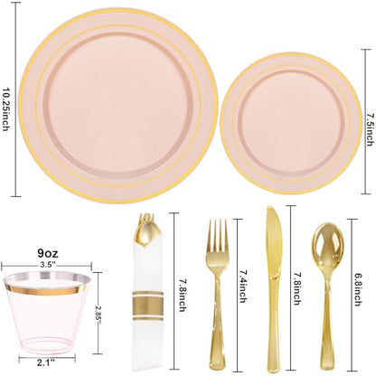 175PCS Pink Gold Plastic Dinnerware Set,Pink Plastic Plates, Include: 25 Dinner Plates, 25 Dessert Plates, 25 Pre Rolled Napkins with Gold Silverware, 25 Cups for Spring Wedding,Mother's Day - color: Pink and Gold