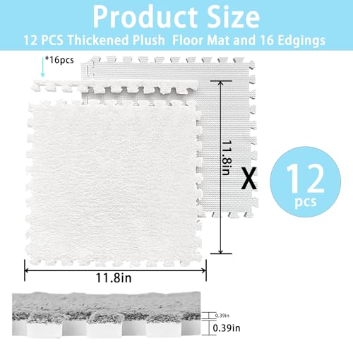 Gangdise 12 PCS Thickened Plush Interlocking Floor Mat Fluffy Square Tiles EVA Foam Matswith 16 Edgings Soft Anti-Slip Exercise Play Mat for Room (White) - color: White