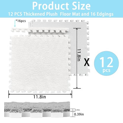 Gangdise 12 PCS Thickened Plush Interlocking Floor Mat Fluffy Square Tiles EVA Foam Matswith 16 Edgings Soft Anti-Slip Exercise Play Mat for Room (White) - color: White