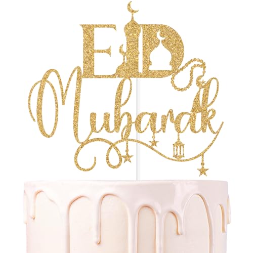 Gold Glitter Eid Mubarak Cake Topper, Hajj Mubarak Islamic Décor, Star Moon Ramadan Kareem Islamic Muslim Festival Party Decorations Supplies