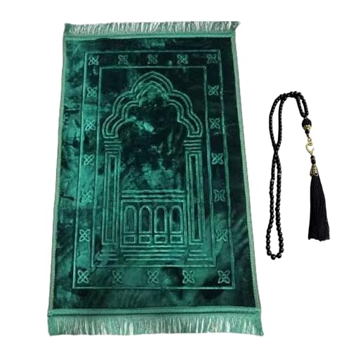 Thick Flannel Muslim Prayer Rug Embossed Turkish Prayer Carpet Islam Prayer Mat Rosary Beads for Men Women Islamic Janamaz Great Ramadan Eid Gift Elegant Sajadah with Tassel Salat Rug 80x120cm - color: Green